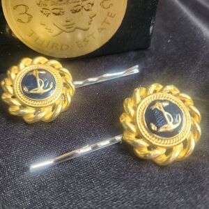 Gold & Navy Nautical Anchor Set of 2 Hairpins Upcycled from Vintage Earrings